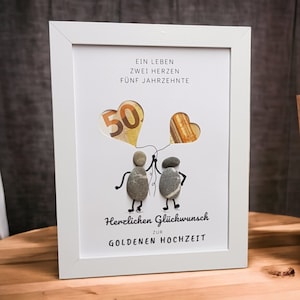 Excellente idée de cadeau en argent pour les noces d'or / 50e anniversaire de mariage image en pierre faite à la main en galets / billets de banque à offrir A5 weiß