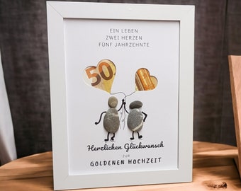 Tolle Idee für Geldgeschenk zur Goldenen Hochzeit / 50. Hochzeitstag handgemachtes Steinbild  aus Kieselsteinen / Geldscheine verschenken