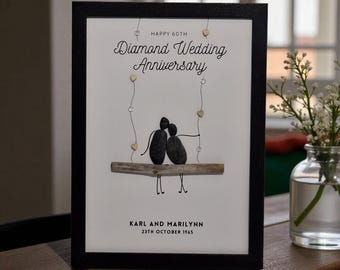 Personalized Diamond Wedding Anniversary Gift 60th Anniversary Pebble Art Handmade Stone Picture Unique Keepsake for Parents or Grandparents