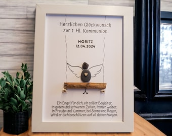 Schutzengel / Engel Geschenk zur Kommunion, Konfirmation, Taufe Steinbild personalisierbar Kieselsteinen Holzherzchen Trockenblumen Holz