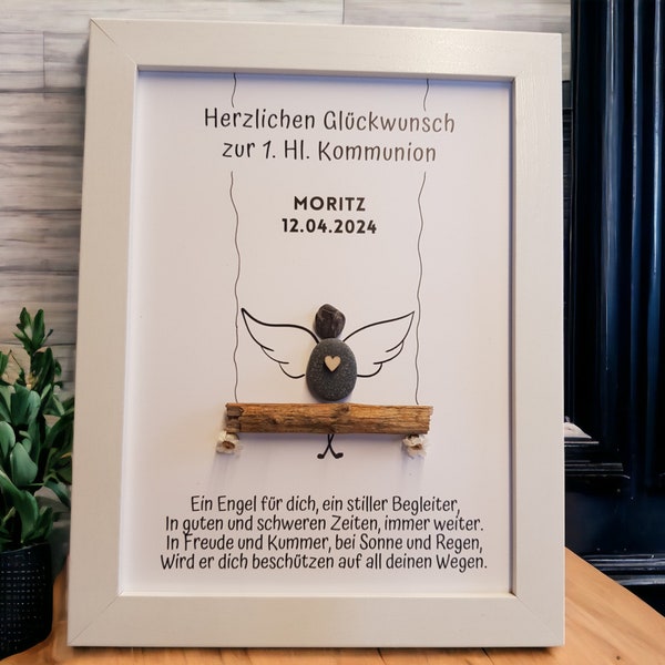 Schutzengel / Engel Geschenk zur Kommunion, Konfirmation, Taufe Steinbild personalisierbar Kieselsteinen Holzherzchen Trockenblumen Holz