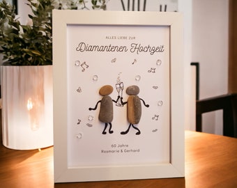 Sweet gift for a diamond wedding anniversary / 60th wedding anniversary: handmade stone picture made of pebbles, customizable with sketchnotes.