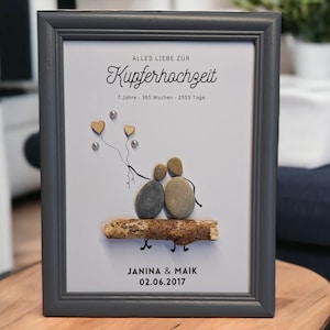 Ottimo regalo per un matrimonio in rame / 7° anniversario di matrimonio, quadro in pietra fatto a mano con ciottoli, idea regalo, foto di famiglia personalizzabile