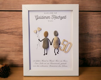 Tolles Geschenk zur Goldenen Hochzeit / 50. Hochzeitstag handgemachtes Steinbild  aus Kieselsteinen Geschenkidee personalisierbar PebbleArt