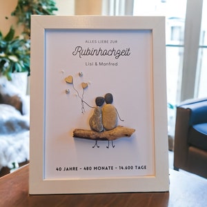 Meraviglioso regalo per un anniversario di nozze di rubino / 40° anniversario di matrimonio: quadro in pietra fatto a mano con ciottoli, un'idea regalo personalizzata, foto di famiglia