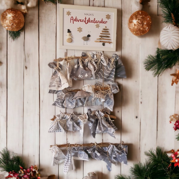 Steinbild Adventskalender personalisierbar zum selbst befüllen mit oder ohne Säckchen lieferbar DIN A4 Treibholz Kieselsteine Kinder DIY