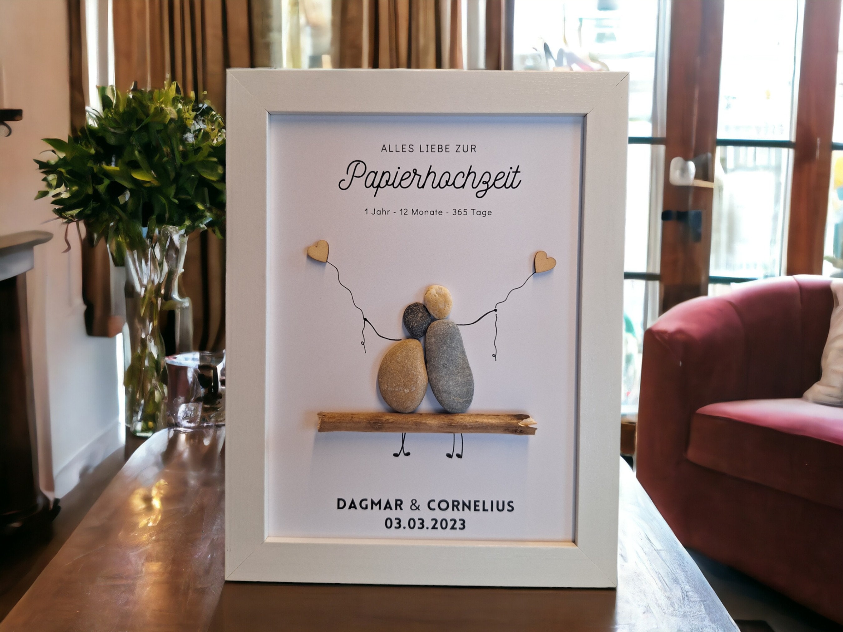 Gran regalo para una boda de papel / primer aniversario de bodas, cuadro de piedra hecho a mano con guijarros, idea de regalo personalizable PebbleArt