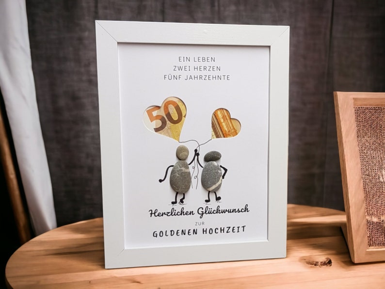 Excellente idée de cadeau en argent pour les noces d'or / 50e anniversaire de mariage image en pierre faite à la main en galets / billets de banque à offrir A5 weiß