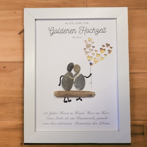 Süsse Idee für Geldgeschenk zur Goldenen Hochzeit / 50. Hochzeitstag handgemachtes Steinbild  aus Kieselsteinen / Geldscheine verschenken