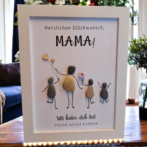 Sweet gift for mom for Mother&#39;s Day / Birthday / Christmas - personalizable stone picture pebbles dried flowers wooden hearts