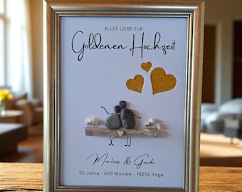 Dulce cuadro de piedra para las Bodas de Oro / 50 aniversario de bodas, hecho a mano con guijarros con recortes, perfecto para regalar dinero.