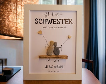 Geschenkidee für Schwester / Schwestern zum Geburtstag Weihnachten Steinbild PebbleArt mit Treibholz Schwesterliebe Geschenkidee Geschenk