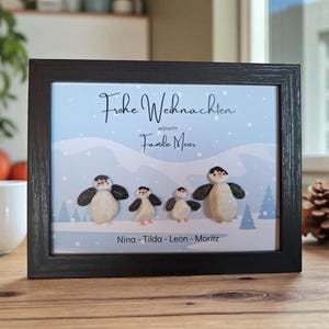 Cute stone picture family picture penguins for Christmas as a Christmas gift Pebble Art painted stones framed gift idea personalizable