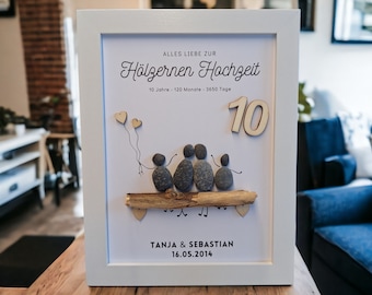 Family photo for a wooden wedding anniversary / 10th or 5th wedding anniversary, handmade gift, gift idea, personalized, stone picture, pebbles