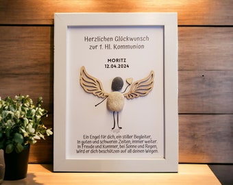 Steinbild Schutzengel / Engel Geschenk zur Kommunion, Konfirmation, Taufe personalisierbar Kieselsteinen Holzherzchen Geldgeschenk Treibholz