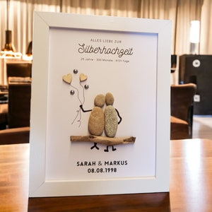 Family picture gift for silver wedding / 25th wedding anniversary handmade stone picture made of pebbles gift idea personalizable picture