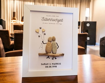 Familienbild Geschenk zur Silberhochzeit / 25. Hochzeitstag handgemachtes Steinbild  aus Kieselsteinen Geschenkidee personalisierbar Bild