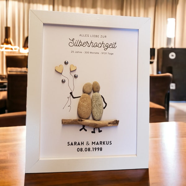 Familienbild Geschenk zur Silberhochzeit / 25. Hochzeitstag handgemachtes Steinbild  aus Kieselsteinen Geschenkidee personalisierbar Bild