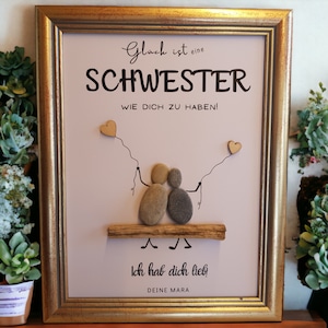 Geschenkidee für Schwester / Schwestern zum Geburtstag Weihnachten Steinbild PebbleArt mit Treibholz Schwesterliebe Geschenkidee Geschenk shabby-gold