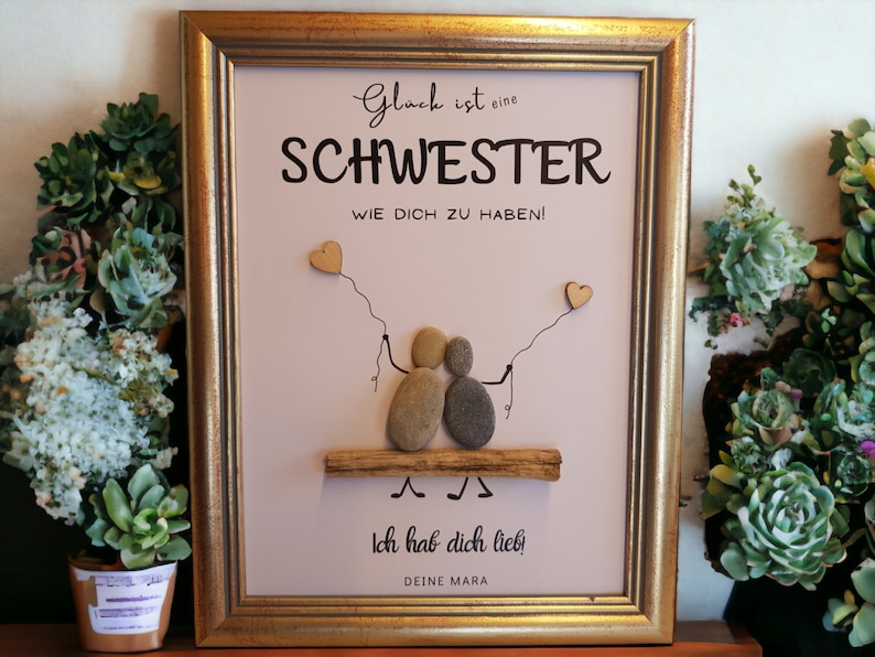 Geschenkidee für Schwester / Schwestern zum Geburtstag Weihnachten Steinbild PebbleArt mit Treibholz Schwesterliebe Geschenkidee Geschenk shabby-gold