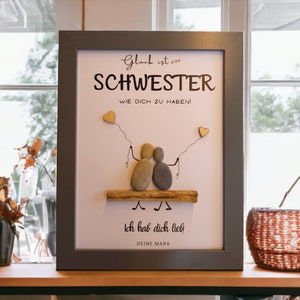 Geschenkidee für Schwester / Schwestern zum Geburtstag Weihnachten Steinbild PebbleArt mit Treibholz Schwesterliebe Geschenkidee Geschenk grau