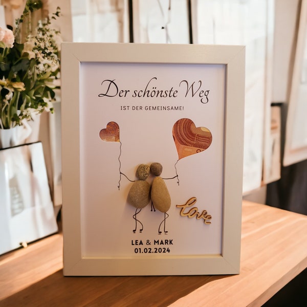 Geldgeschenk zur Hochzeit / Vermählung - Geld originell verschenken Steinbild mit Stanzungen um Geld / Gutscheine verpacken personalisierbar