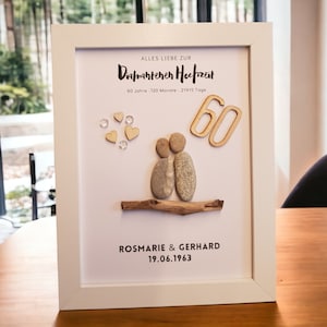 Sweet gift for the diamond wedding / 60th wedding anniversary handmade stone picture made of pebbles + driftwood personalizable PebbleArt