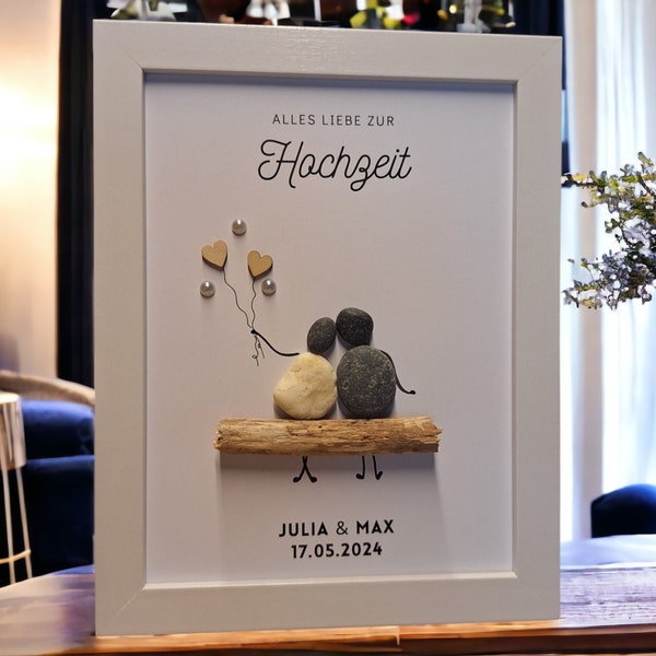 Besonderes Geschenk Hochzeit personalisierbar / Hochzeitsgeschenk handgemachtes Steinbild mit Kieselsteinen + Treibholz Familienbild