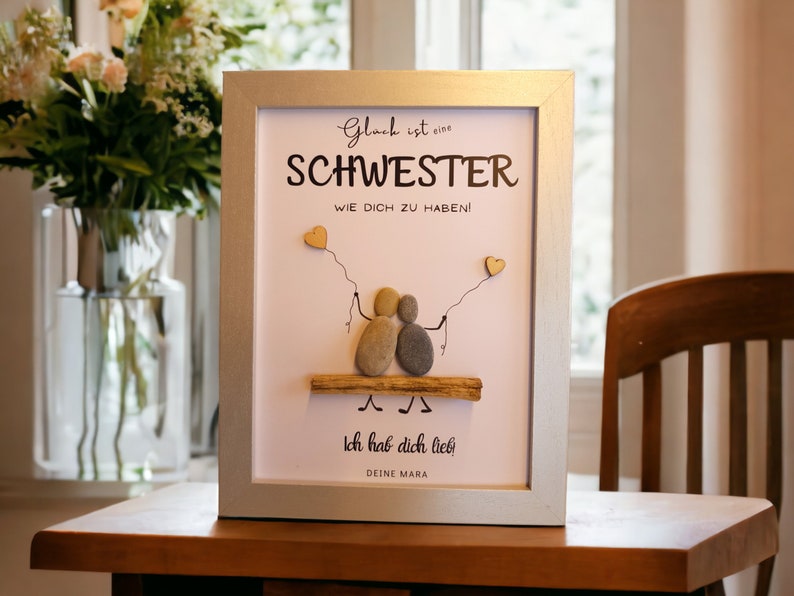 Geschenkidee für Schwester / Schwestern zum Geburtstag Weihnachten Steinbild PebbleArt mit Treibholz Schwesterliebe Geschenkidee Geschenk silber