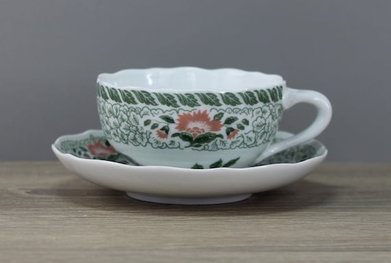 Hutschenreuther Teetasse Tasse mit Untertasse grüne Blätter rosa Blume