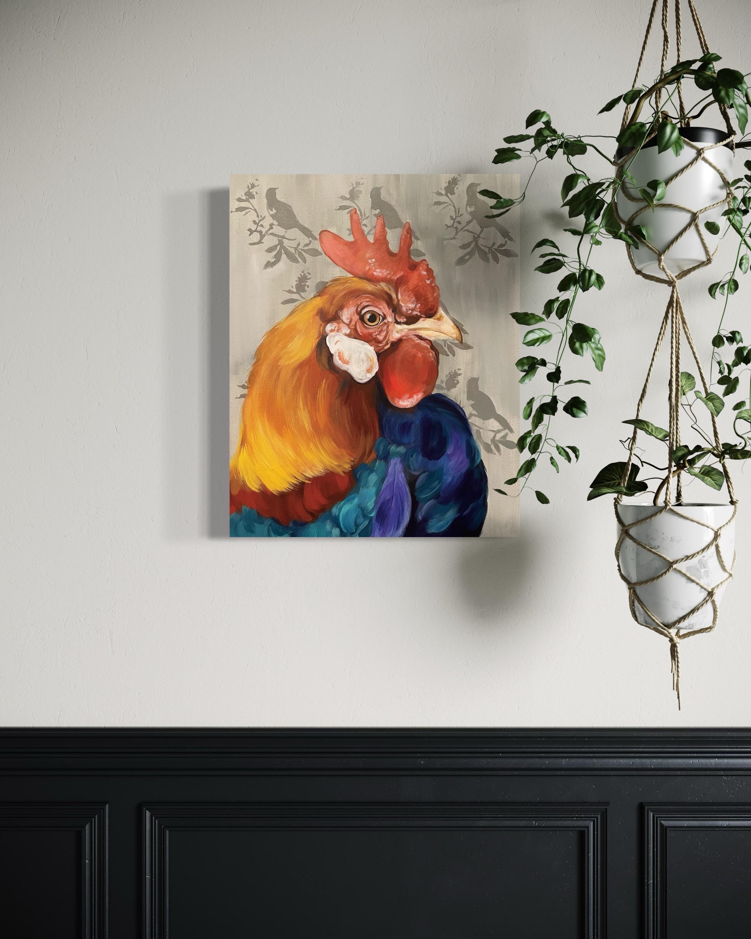オリジナルの雄鶏の絵画：農家の鶏のアート、16x20インチのキャンバス