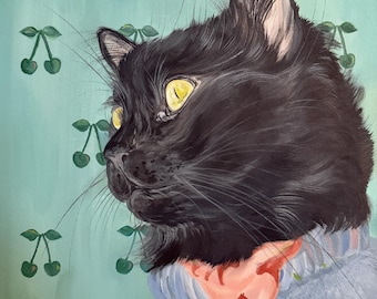 Valloween Gift, Valentine’s Gift, Cat Painting, Cat Valentine, Black Cat Art, Cat in Sweater, Quirky Animal Art, Cherry Wall Hanging