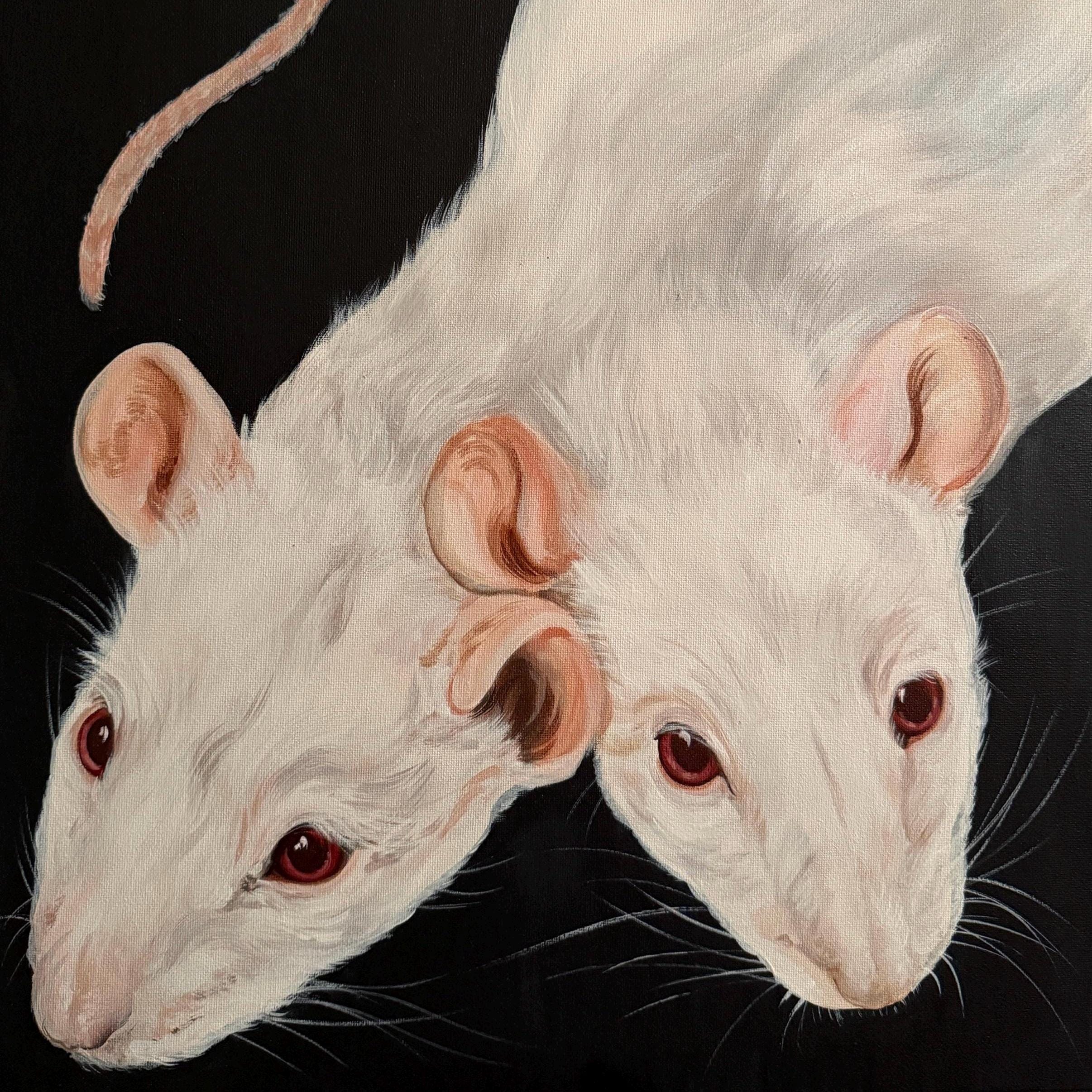 シュールな双頭アルビノネズミのアクリル画：奇妙な動物アート（16x20