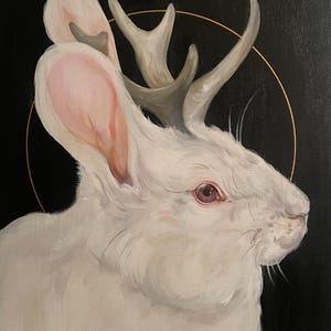 Whimsical Albino Rabbit Jackalope Print, Unique Fantasy Wall Art, Animal Decor for Home or Office, Perfect Gift for Animal Lover, Cryptid
