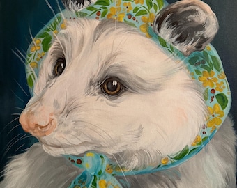 Babushka Possum Painting: Quirky Acrylic Animal Art on Canvas