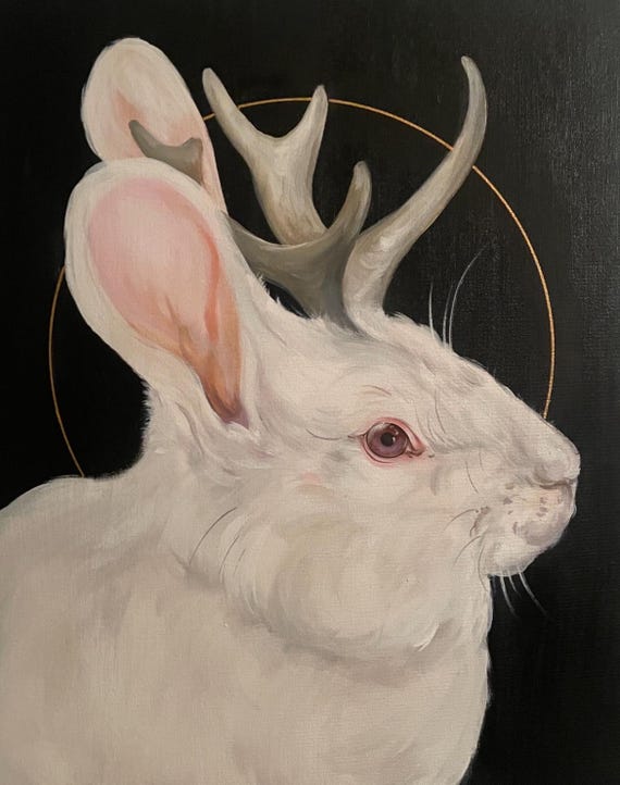 Albino Rabbit Jackalope Print: Whimsical Fantasy Wall Art (8x10