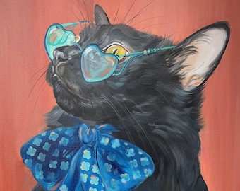 Black Cat Art: 70's Style Portrait with Heart Glasses