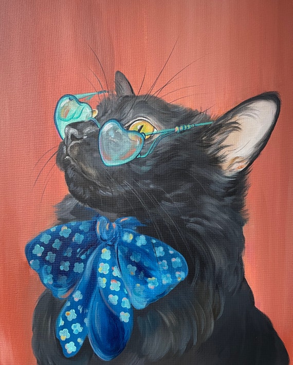 黒猫アート：ハート型メガネをかけた70年代風の肖像画 - Etsy 日本