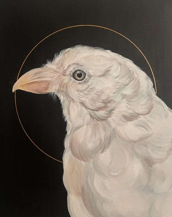 アルビノカラスの絵画：幻想的な鳥のアクリルアート、16x20 - Etsy 日本