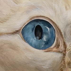 Può includere: Primo piano di un occhio di gatto blu con pupilla nera, dipinto su una tela.