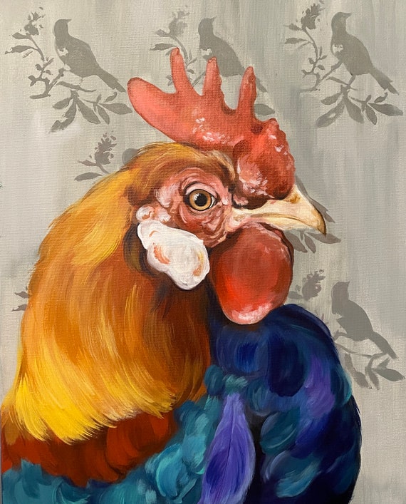 オリジナルの雄鶏の絵画：農家の鶏のアート、16x20インチのキャンバス