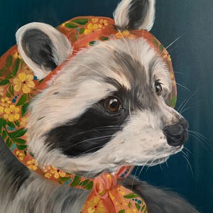 May include: A raccoon portrait wearing a floral headscarf and scarf. The headscarf is orange with yellow flowers and green leaves. The raccoon has gray and white fur with a black mask around its eyes. The background is a dark teal color.