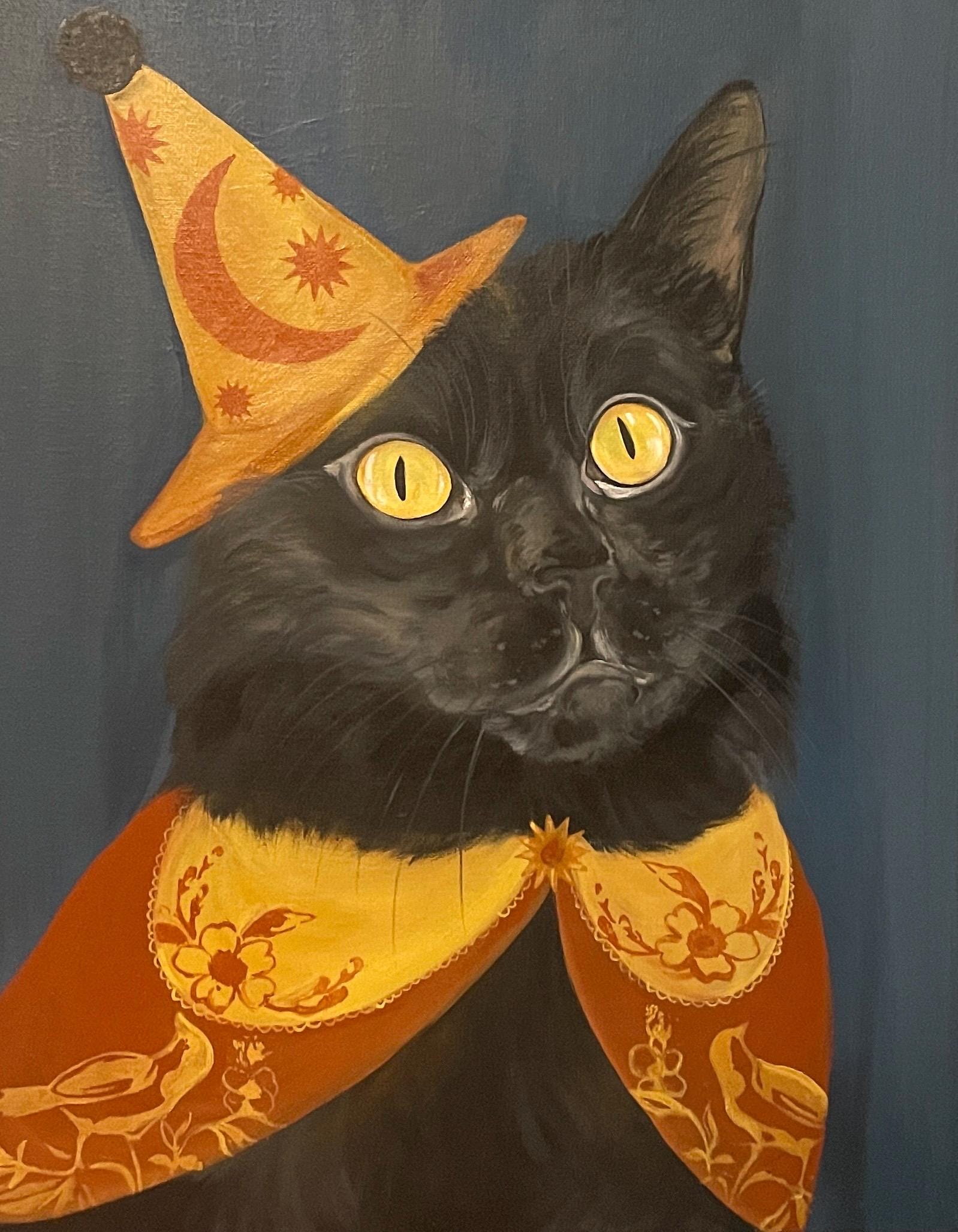 黒猫魔女のアクリル画：気まぐれなハロウィンアート（16x20インチ
