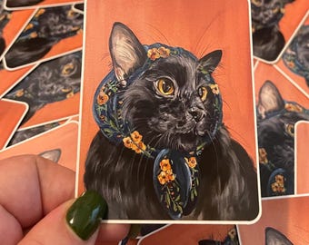 Babushka Cat Sticker: Floral Headscarf, Funny Cat Art Decal