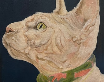 Sphynx Cat Portrait Print: Hairless Cat Art, Silk Scarf Detail