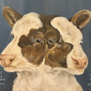 May include: A painting depicting two brown and white cows with their heads together, gazing to the left. The cows have large, dark eyes and pink noses. The background is a pale blue colour with some light blue flowers.