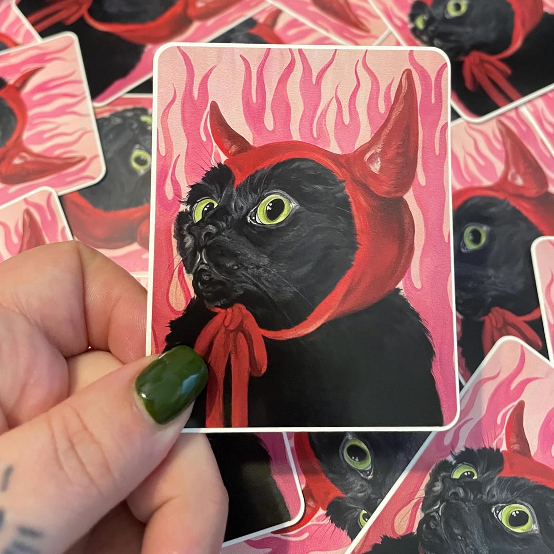Black Cat Devil Vinyl Sticker, Cute Halloween Decor, Spooky Cat Art ...