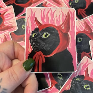 Vinylsticker zwarte kat duivel, schattig halloweendecor, griezelige katkunst, heksencadeaus voor kattenliefhebbers, sticker zwarte kat, duivelskostuum kat