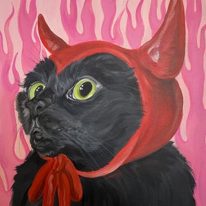 May include: A black cat wearing a red devil costume with horns and a bow tie, against a pink background with flames.