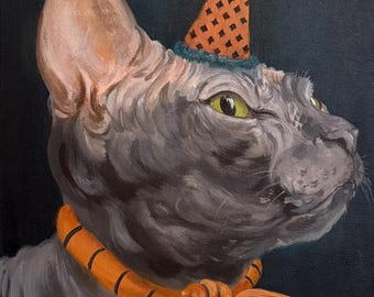 Sphynx Cat Portrait Print: Hairless Cat Art, Silk Scarf (8x10”)